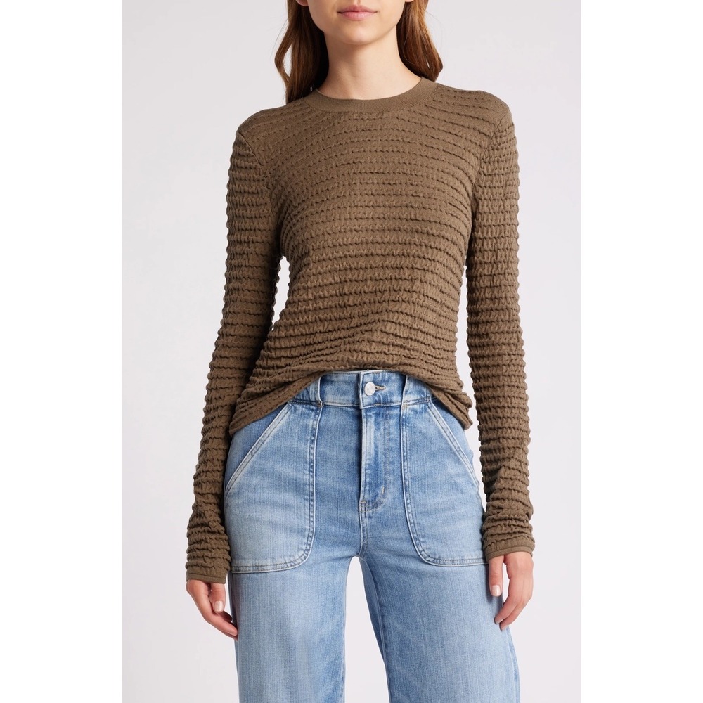 FRAME Women's L Army Green Smocked Silk Blend Crewneck Sweater Textured